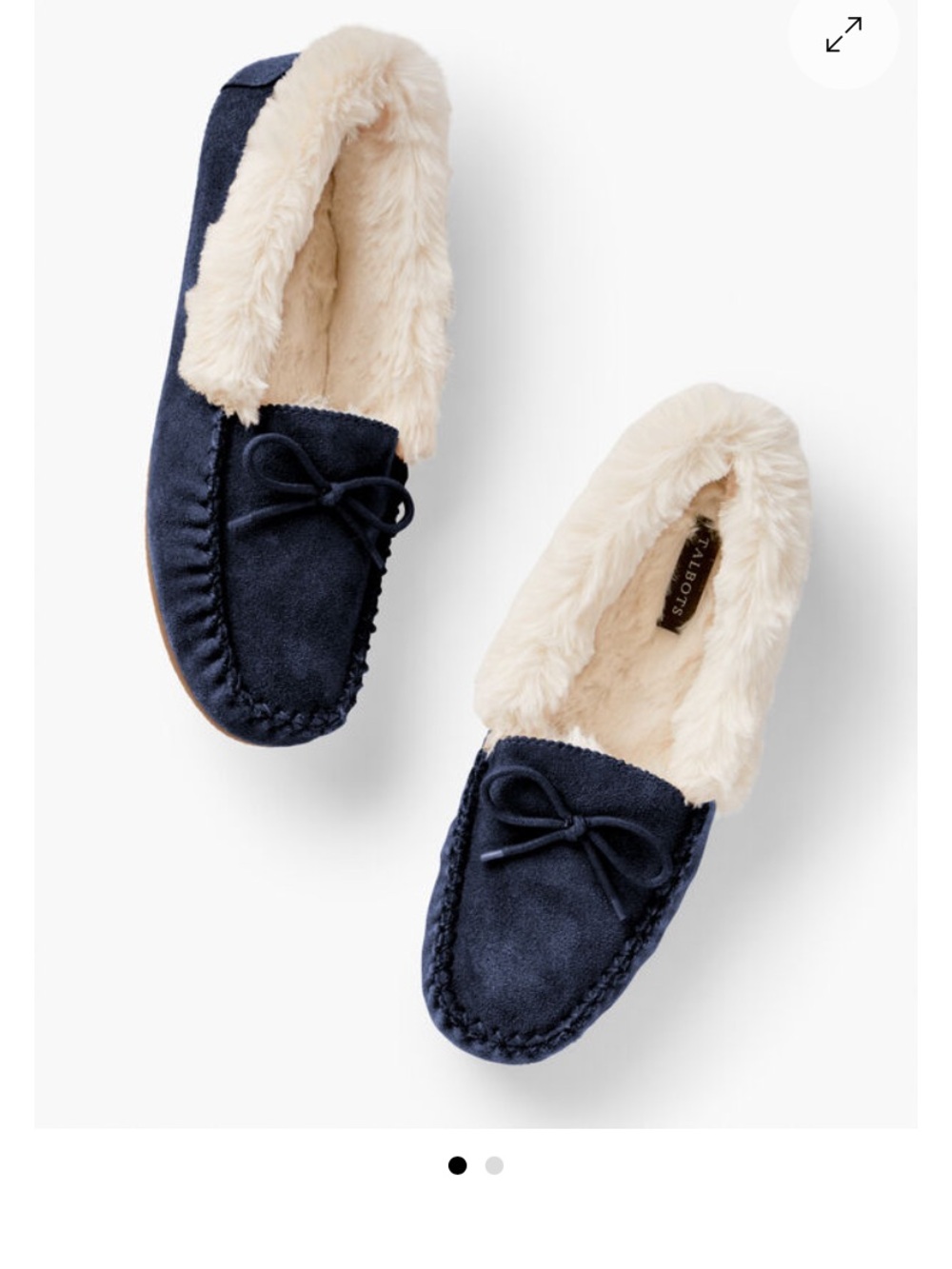 NWOT Talbots Ruby Bow Suede Moccasin slippers navy blue w/ faux fur trim size 9